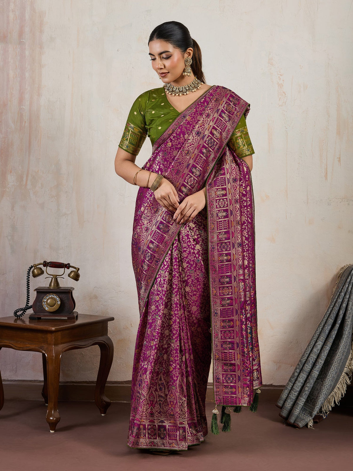 Magenta Silk Woven Meenakari Festive Saree