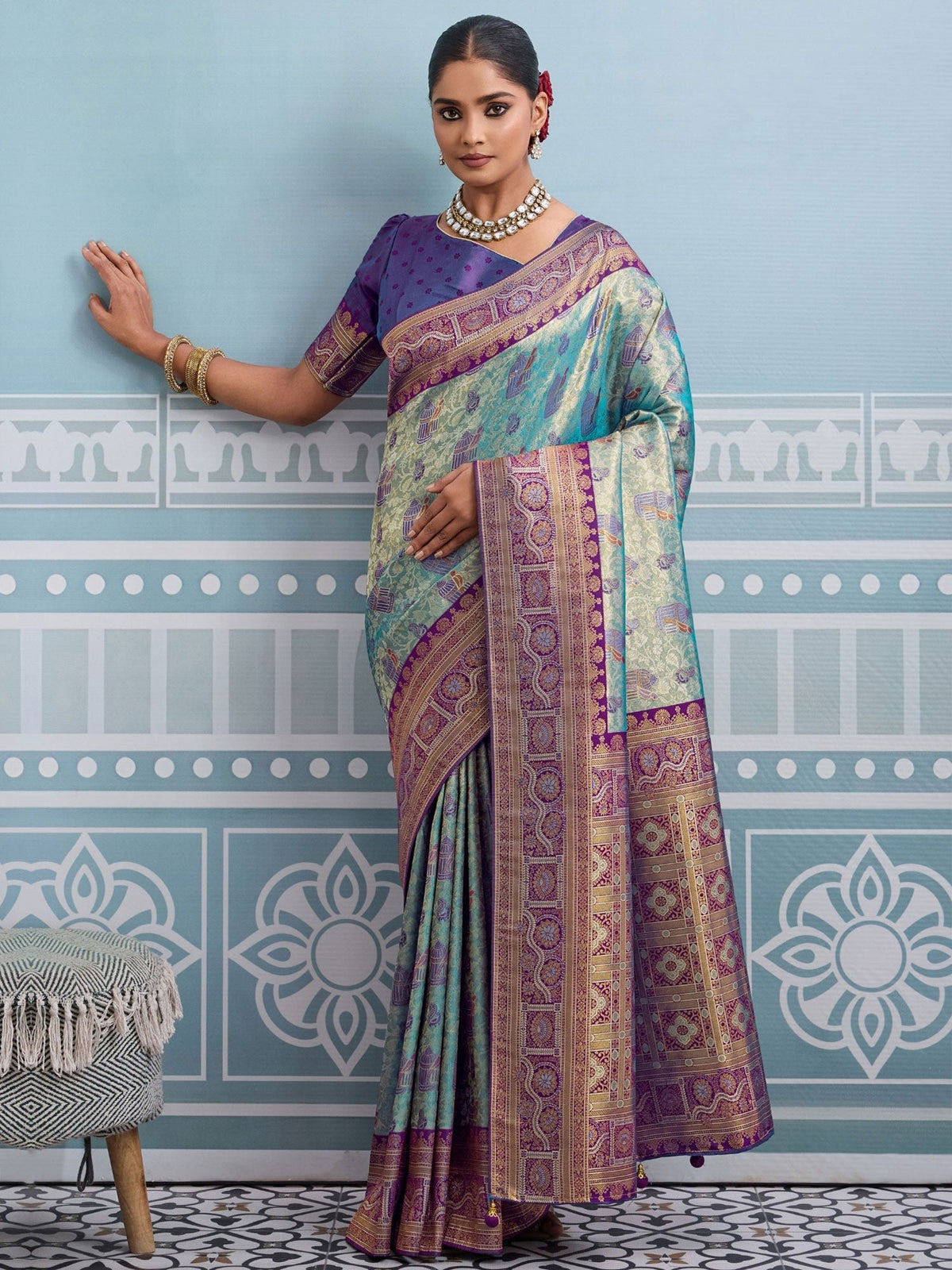 Light Blue Meenakari Woven Saree With Blouse