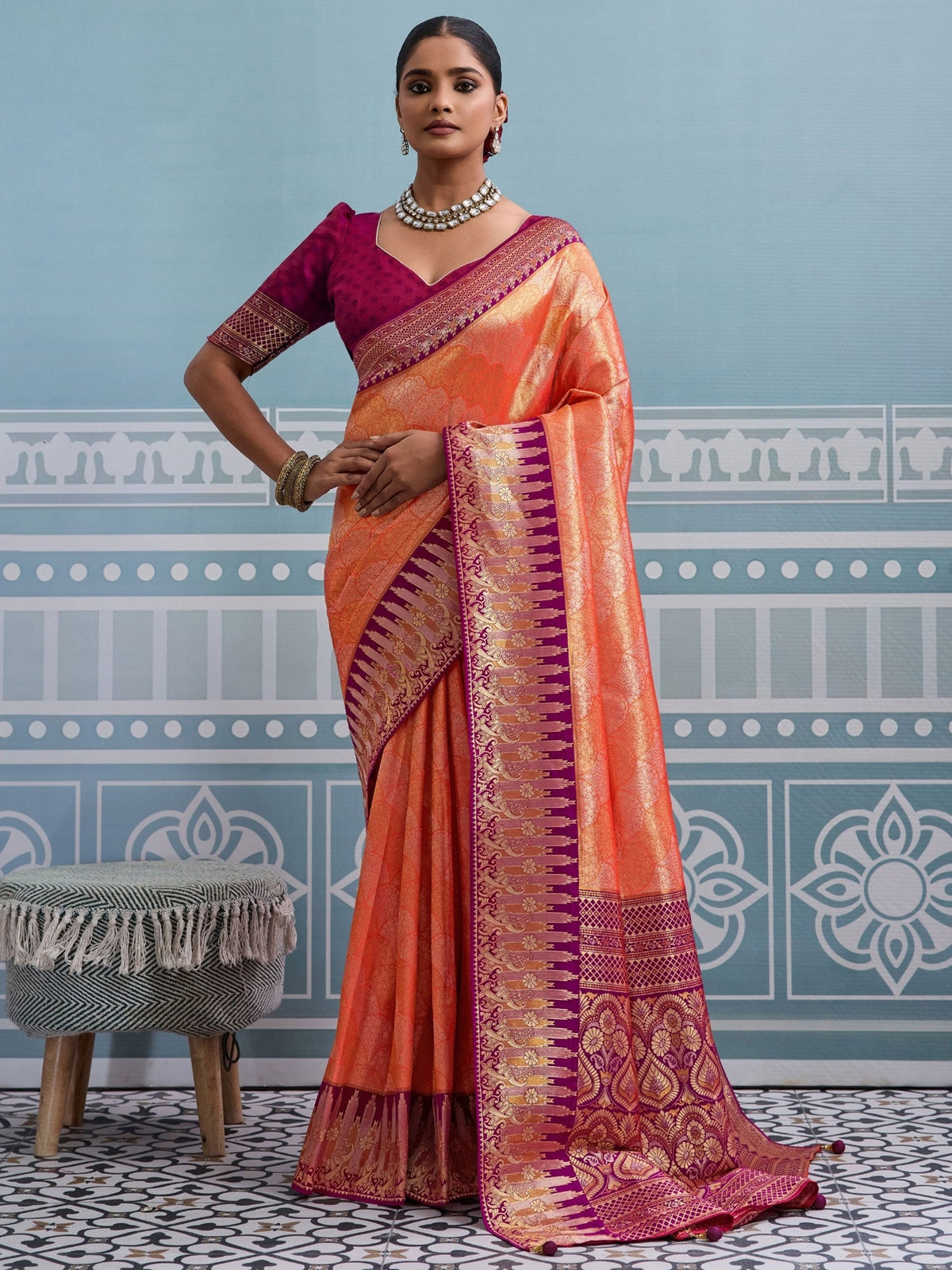 Peach Kanjivaram Silk Saree In Woven Work