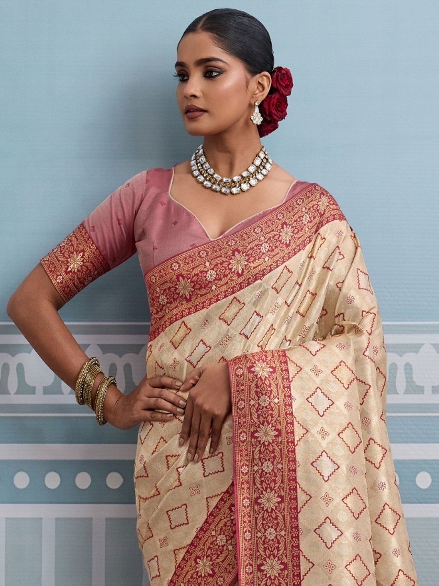 Beige Meenakari Work Saree In Kanjivaram Silk
