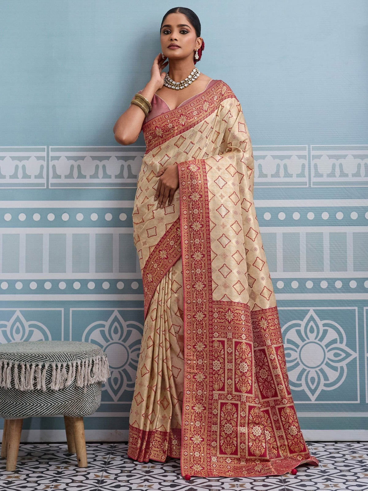 Beige Meenakari Work Saree In Kanjivaram Silk