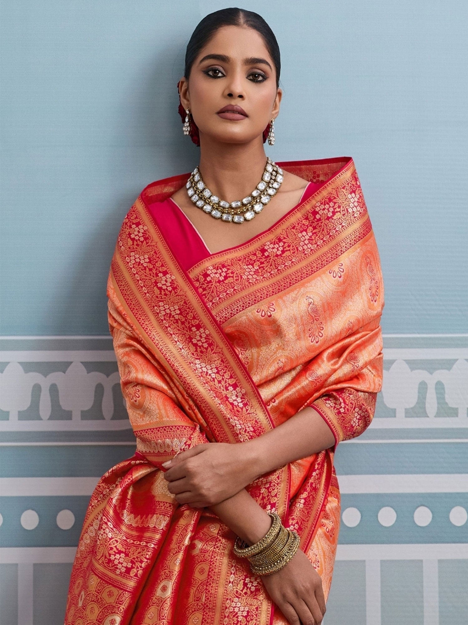 Orange Meenakari Woven Saree In Silk