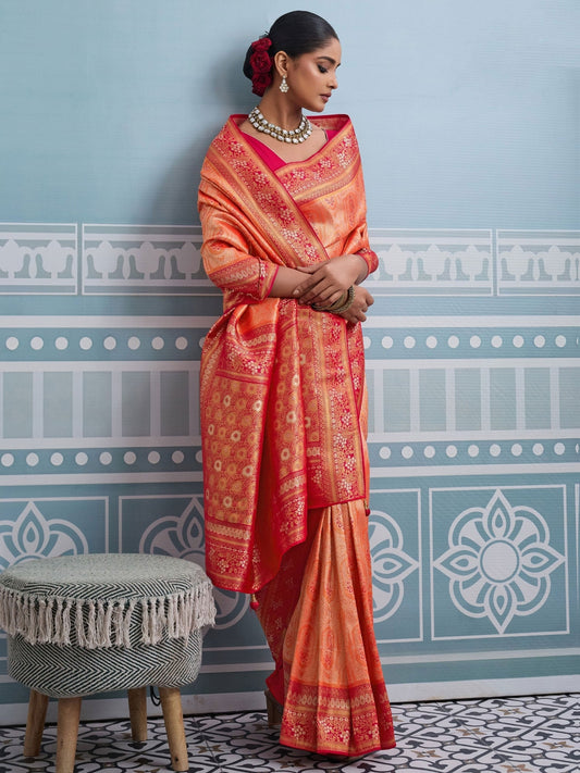 Orange Meenakari Woven Saree In Silk