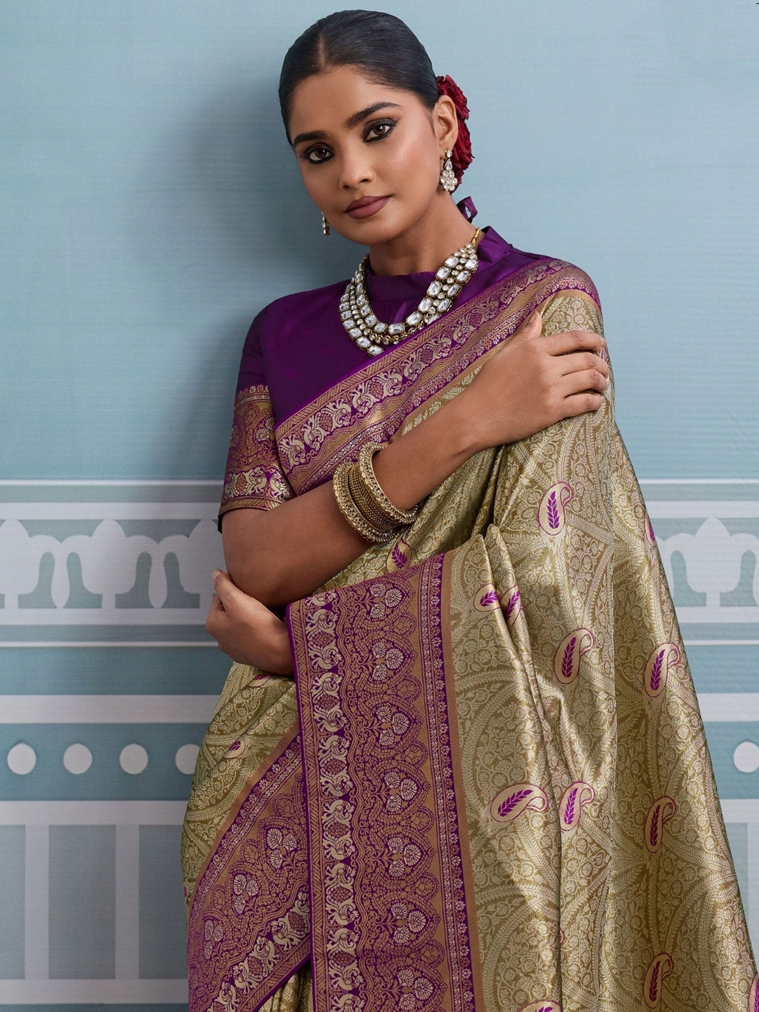 Brown Self Woven Work Festive Saree