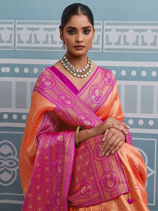 Peach Meenakari Woven Work Kanjivaaram Silk Saree
