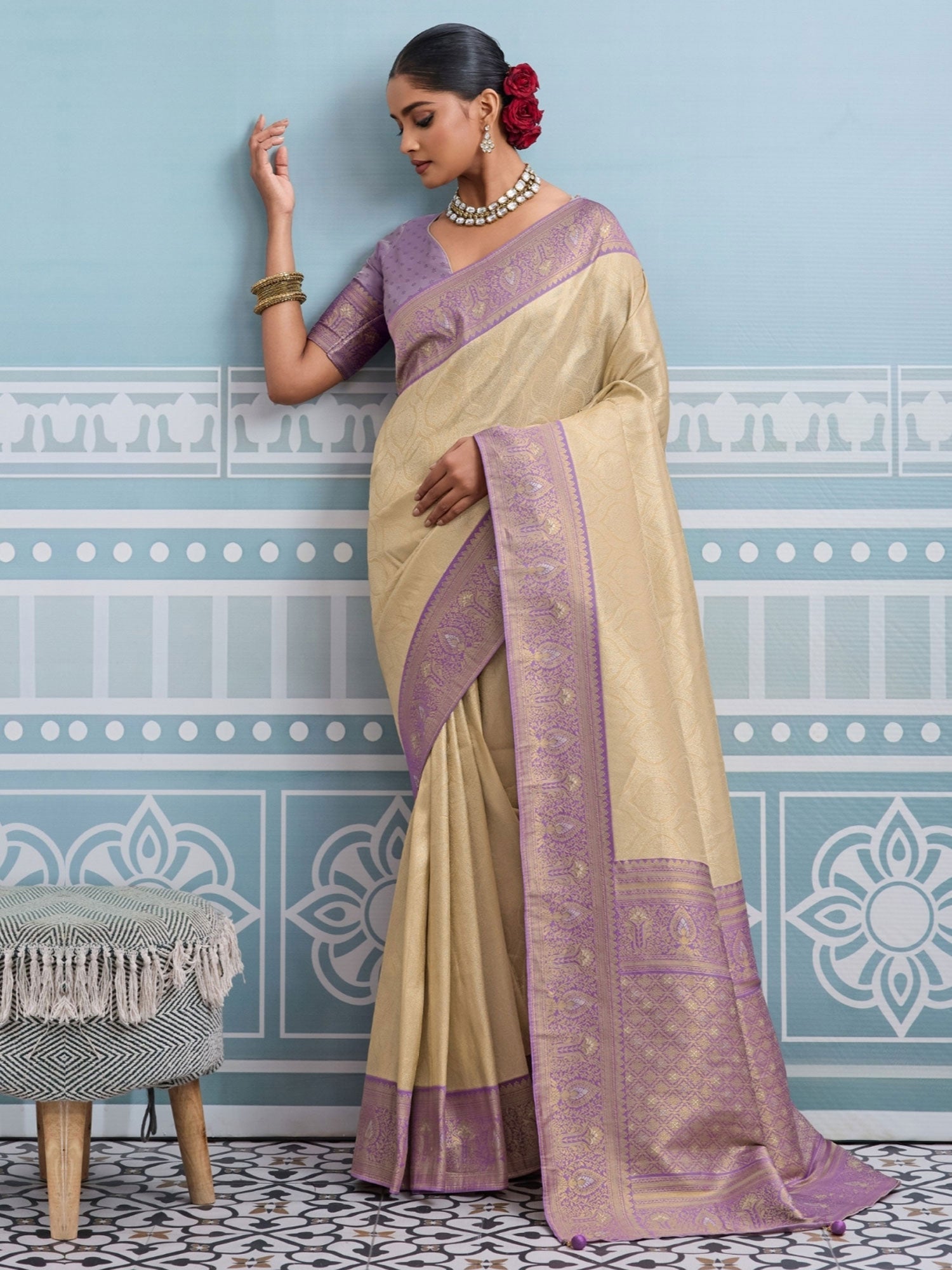 Blue Self Woven Work Party Saree In Silk