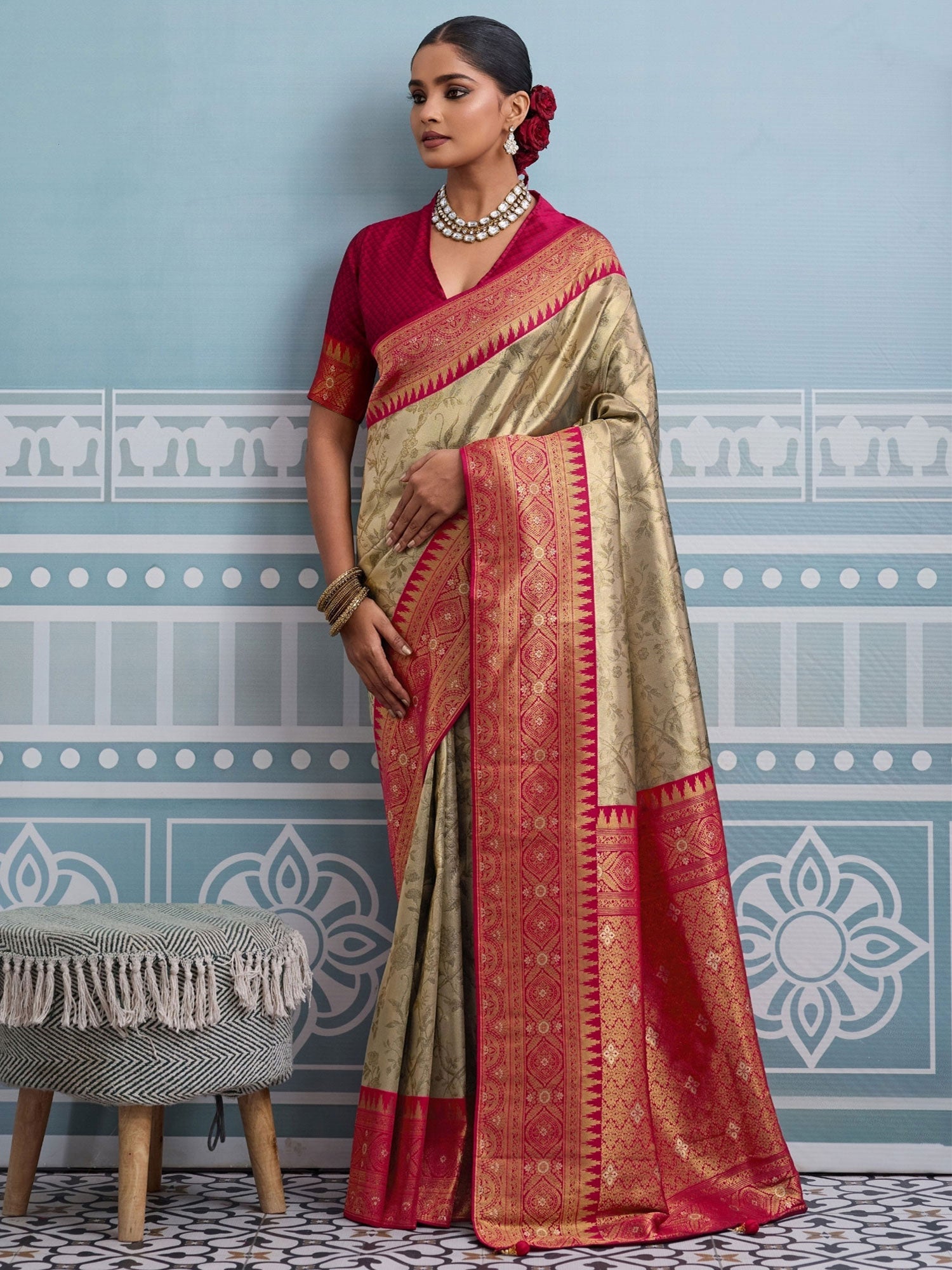 Orange Kanjivaram Silk Saree In Self Woven Work