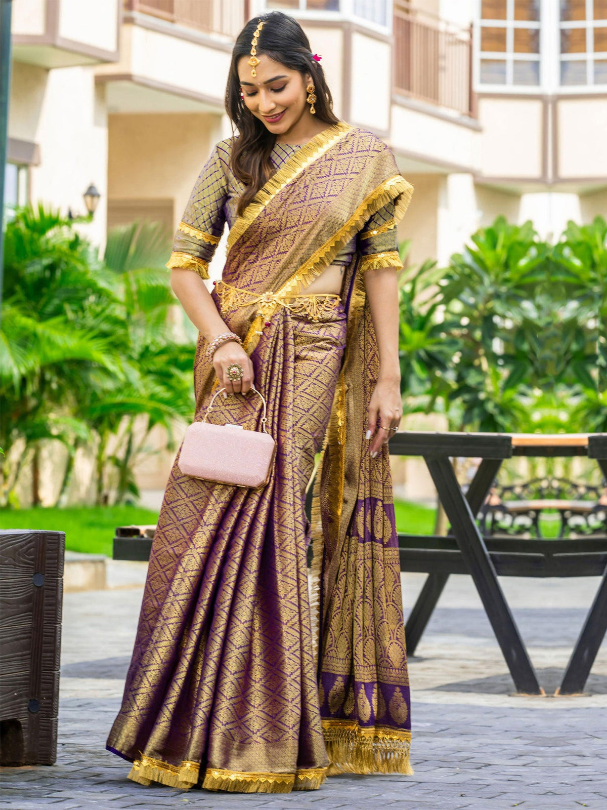 Purple Zari Weaving Party Saree In Silk