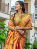 Peach Festive Woven Work Saree In Silk
