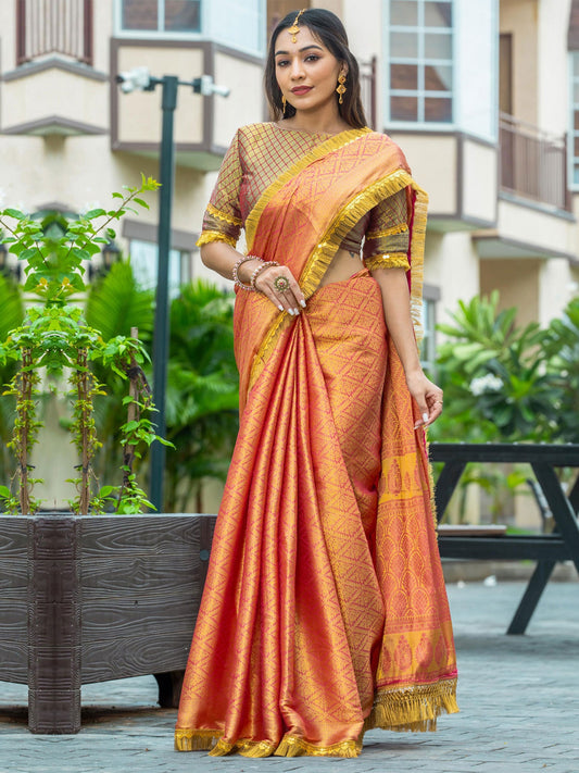 Peach Festive Woven Work Saree In Silk