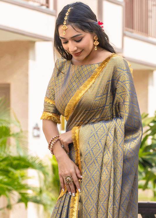 Blue Zari Work Festive Saree In Mysore Silk