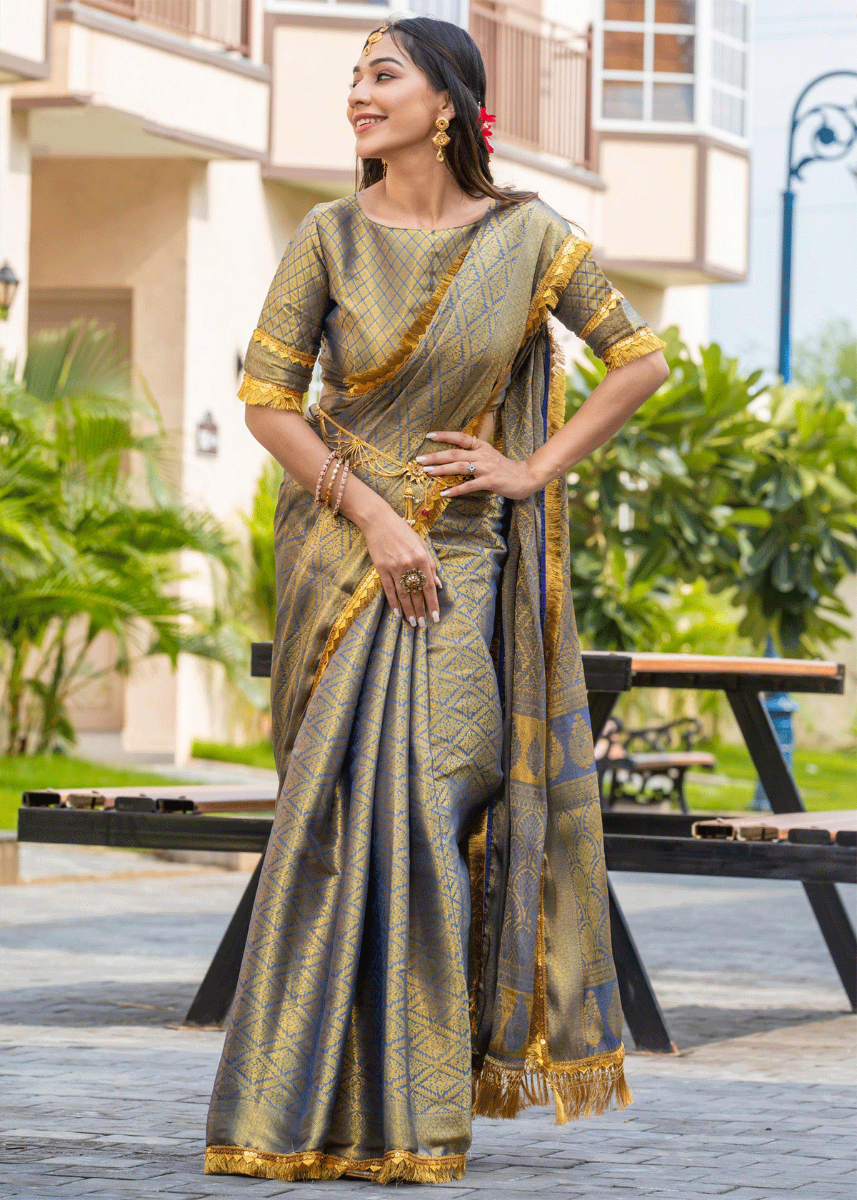 Blue Zari Work Festive Saree In Mysore Silk