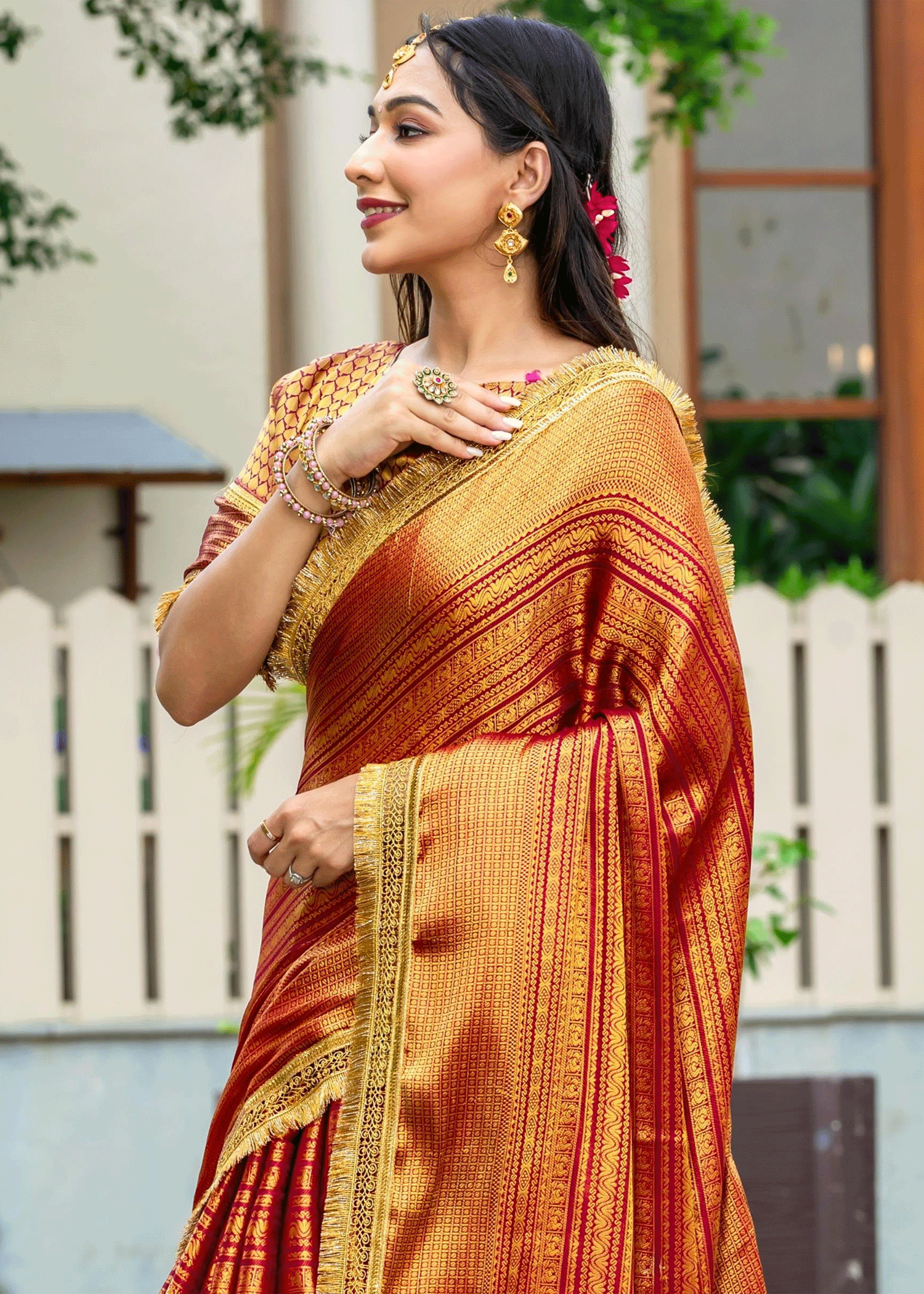 Red Silk Saree In Zari Work With Blouse