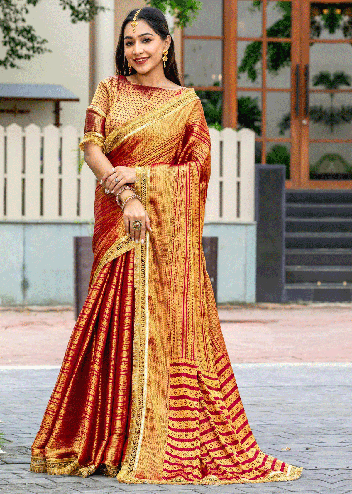 Red Silk Saree In Zari Work With Blouse
