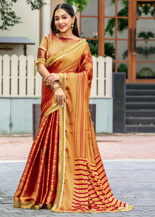 Red Silk Saree In Zari Work With Blouse