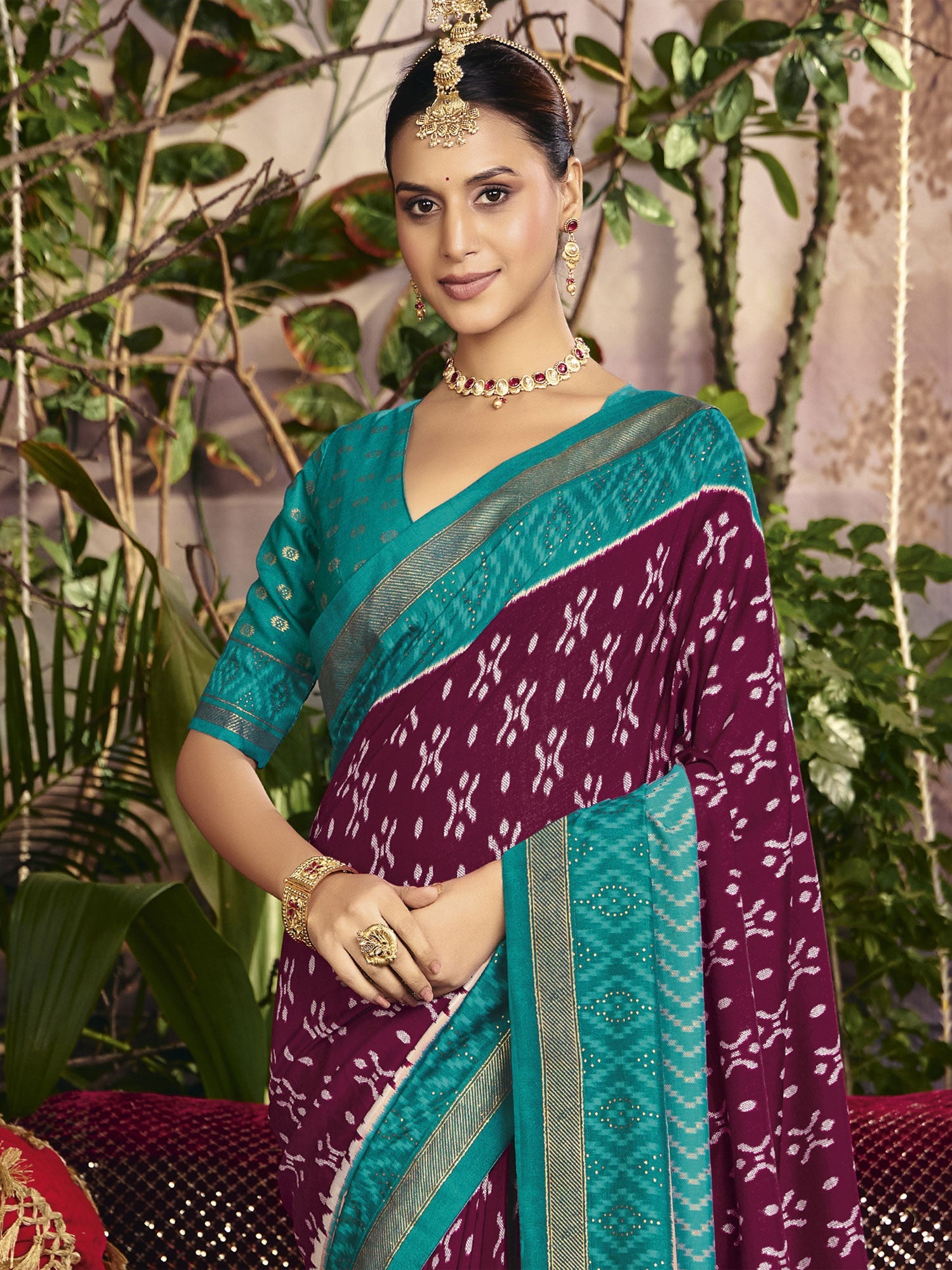 Wine Art Silk Party Wear Saree In Print