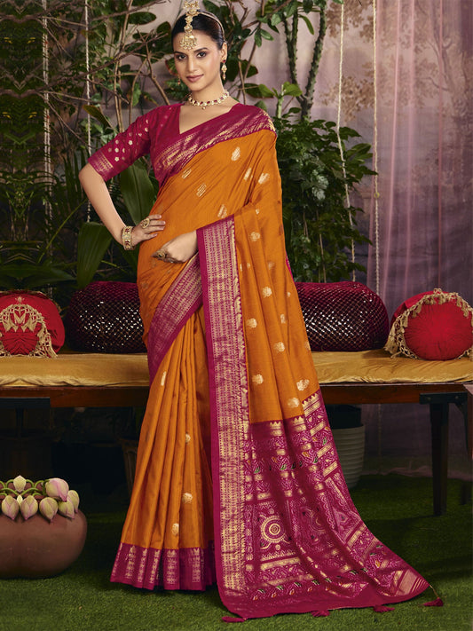Bright Orange Party Wear Woven Work Saree