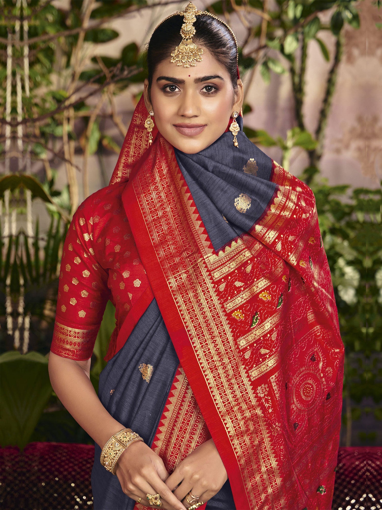 Stone Blue Woven Work Festive Saree In Silk