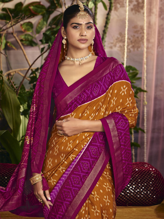 Brown Party Silk Saree In Digital Print