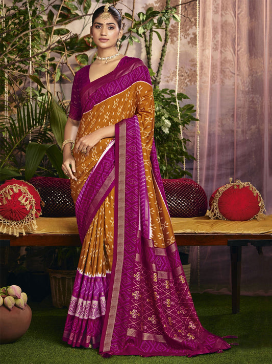 Brown Party Silk Saree In Digital Print