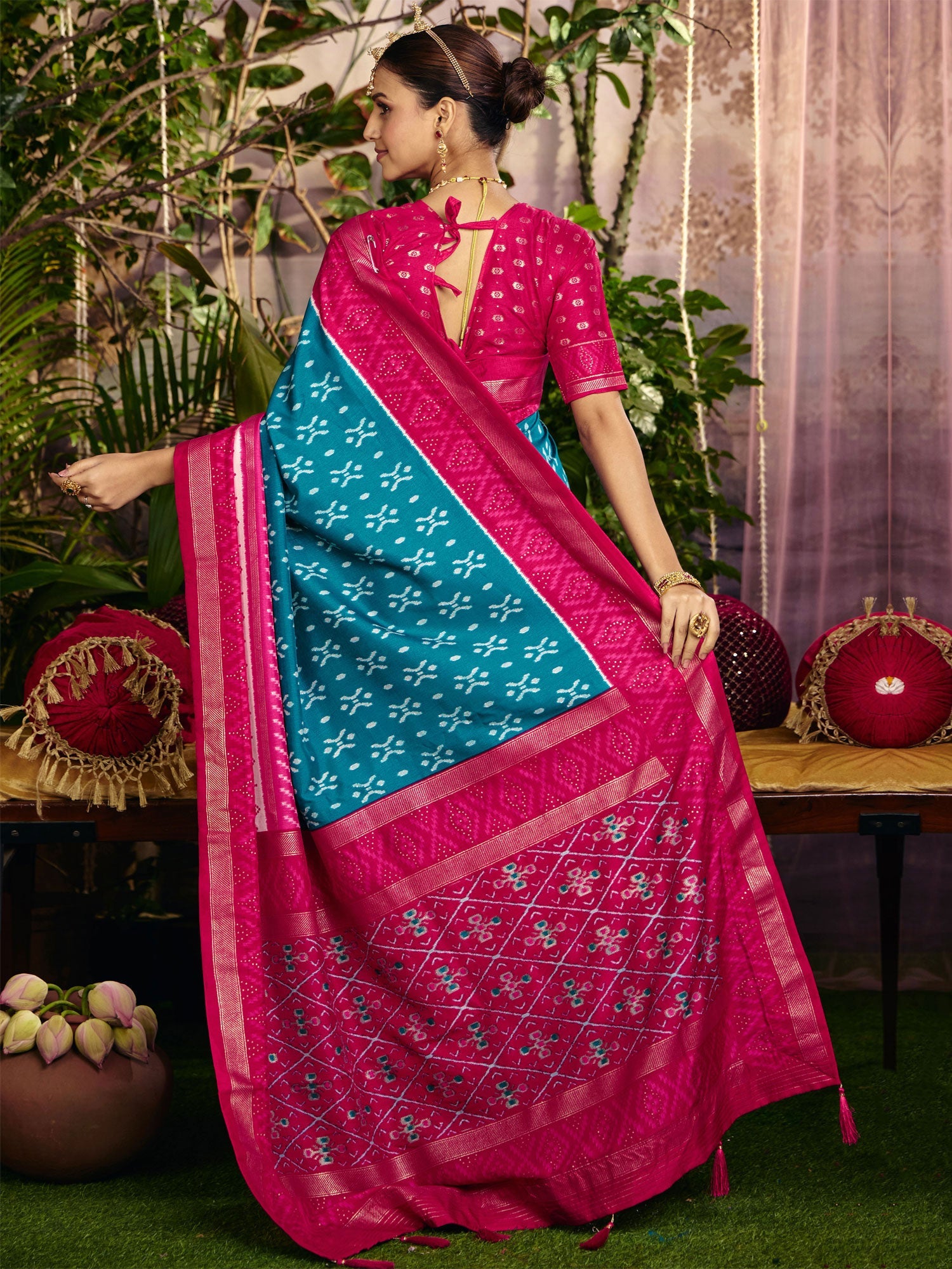 Turquoise Printed Festive Art Silk Saree