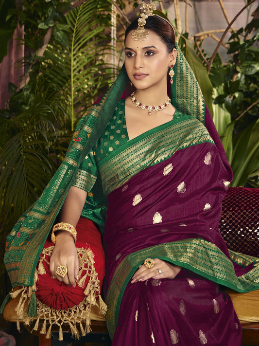 Dark Wine Art Silk Saree In Woven Work