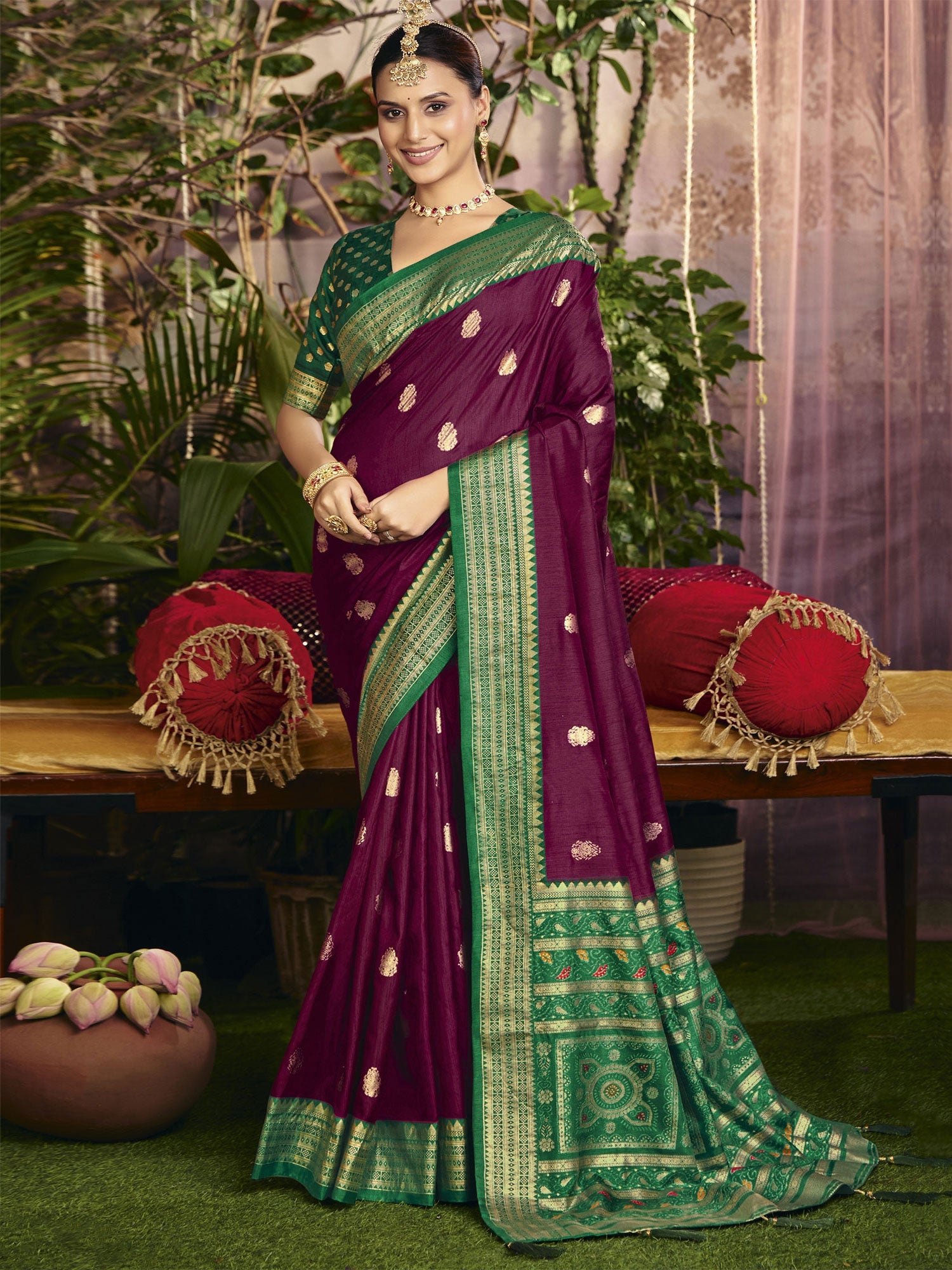Dark Wine Art Silk Saree In Woven Work