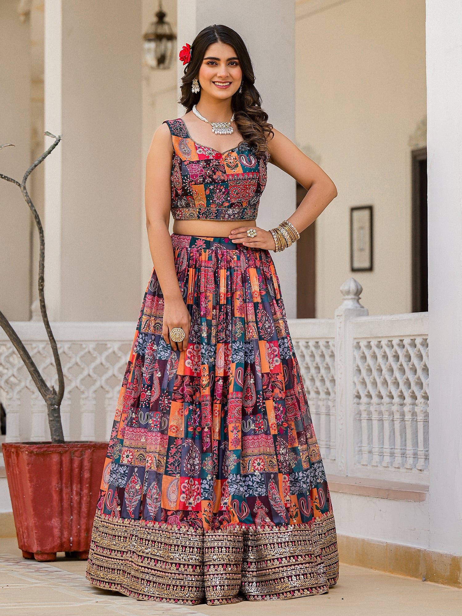 Multicolor Georgette Printed Lehenga Choli