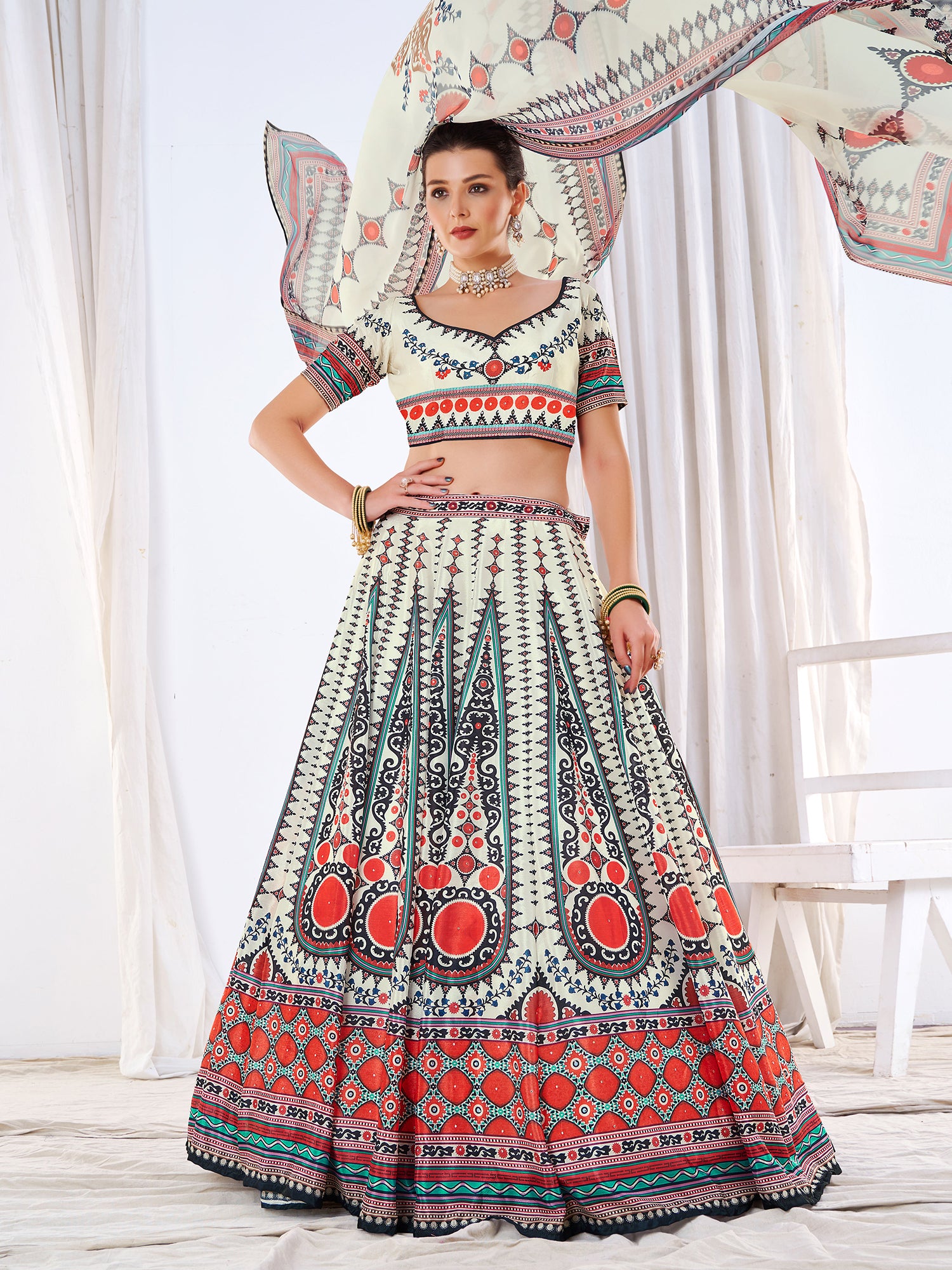 White Digital Print Lehenga In Art Silk
