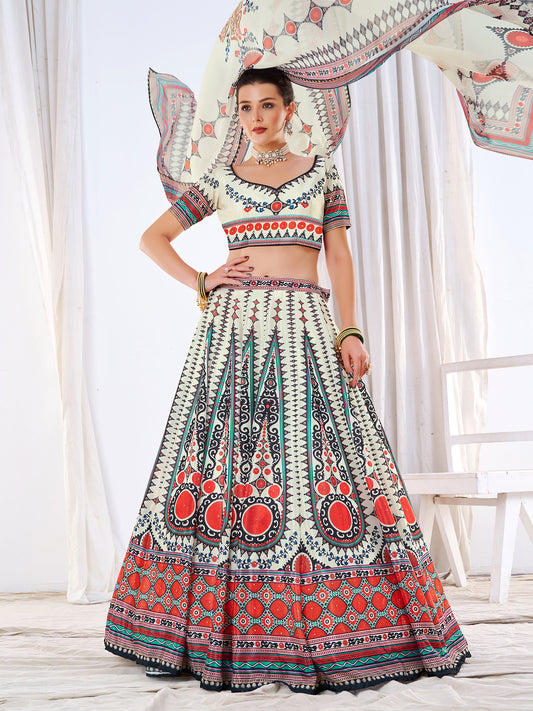 White Digital Print Lehenga In Art Silk