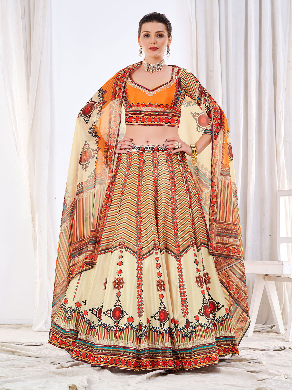 Off White Digital Print Lehenga Choli