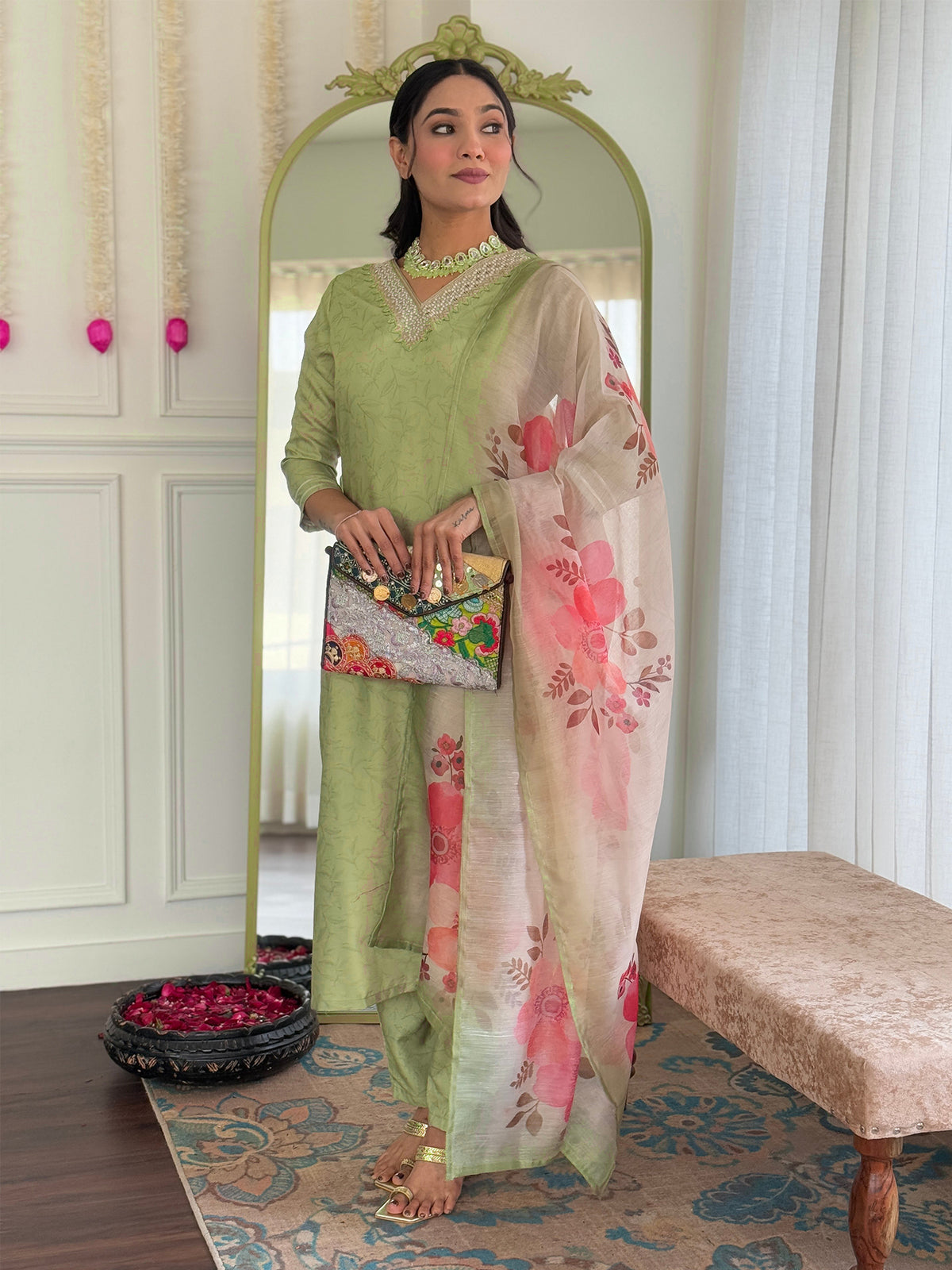 Pista Green Viscose Embroidered Salwar Suit