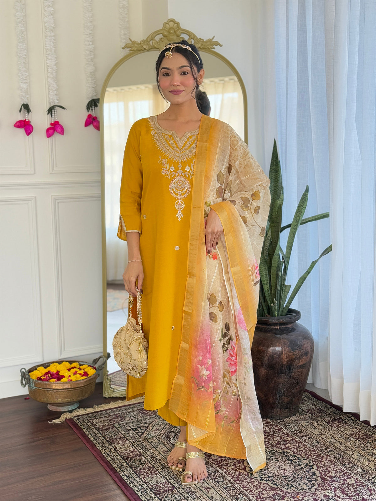 Yellow Readymade Salwar Kameez In Viscose