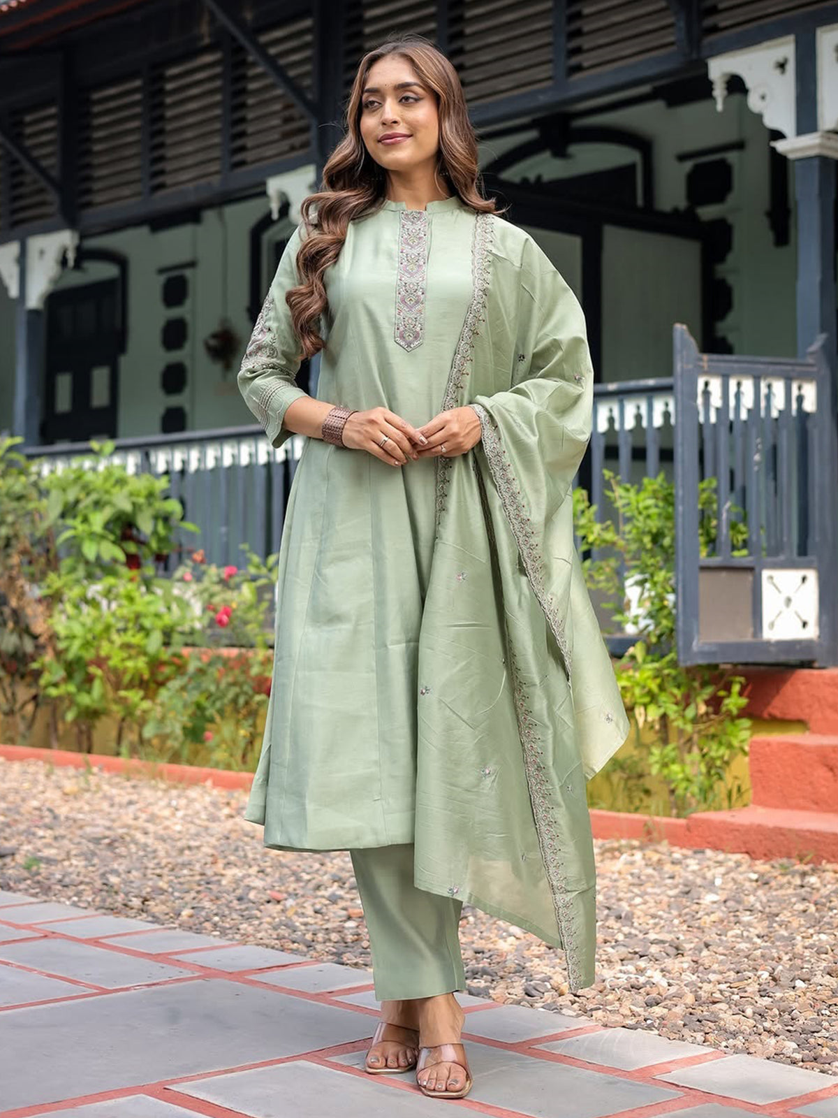 Readymade Pastel Green Embroidered Salwar Kameez