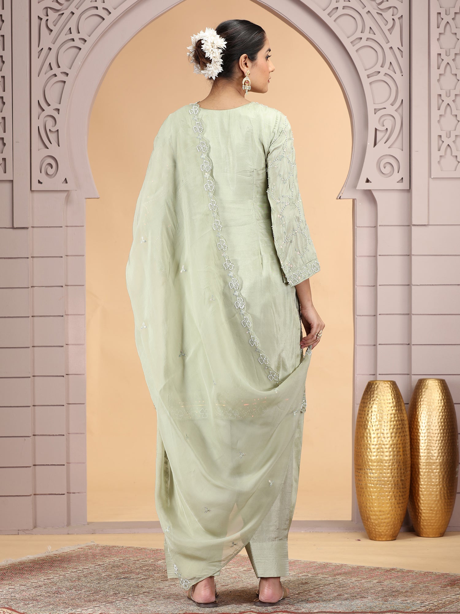 Green Embroidered Silk Readymade Salwar Suit