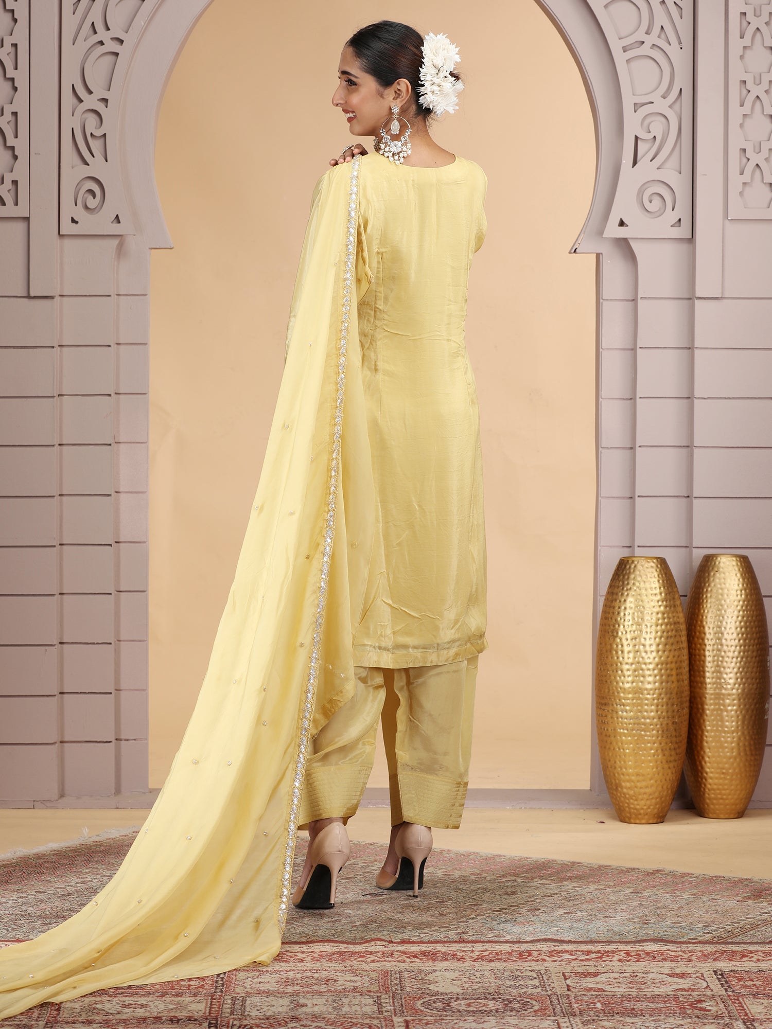 Yellow Embroidered Silk Readymade Salwar Suit