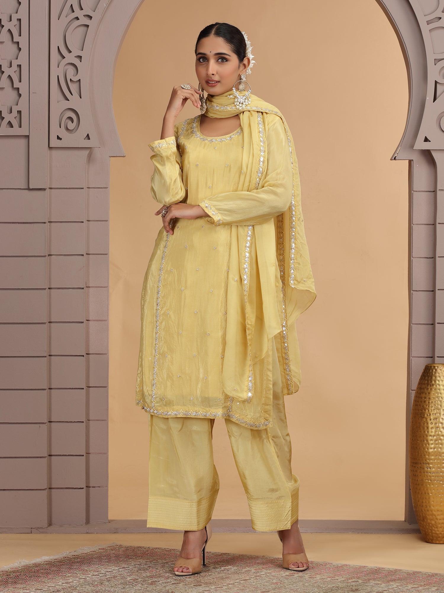Yellow Embroidered Silk Readymade Salwar Suit