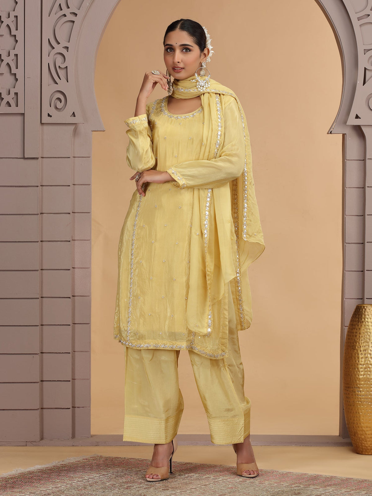 Yellow Embroidered Silk Readymade Salwar Suit