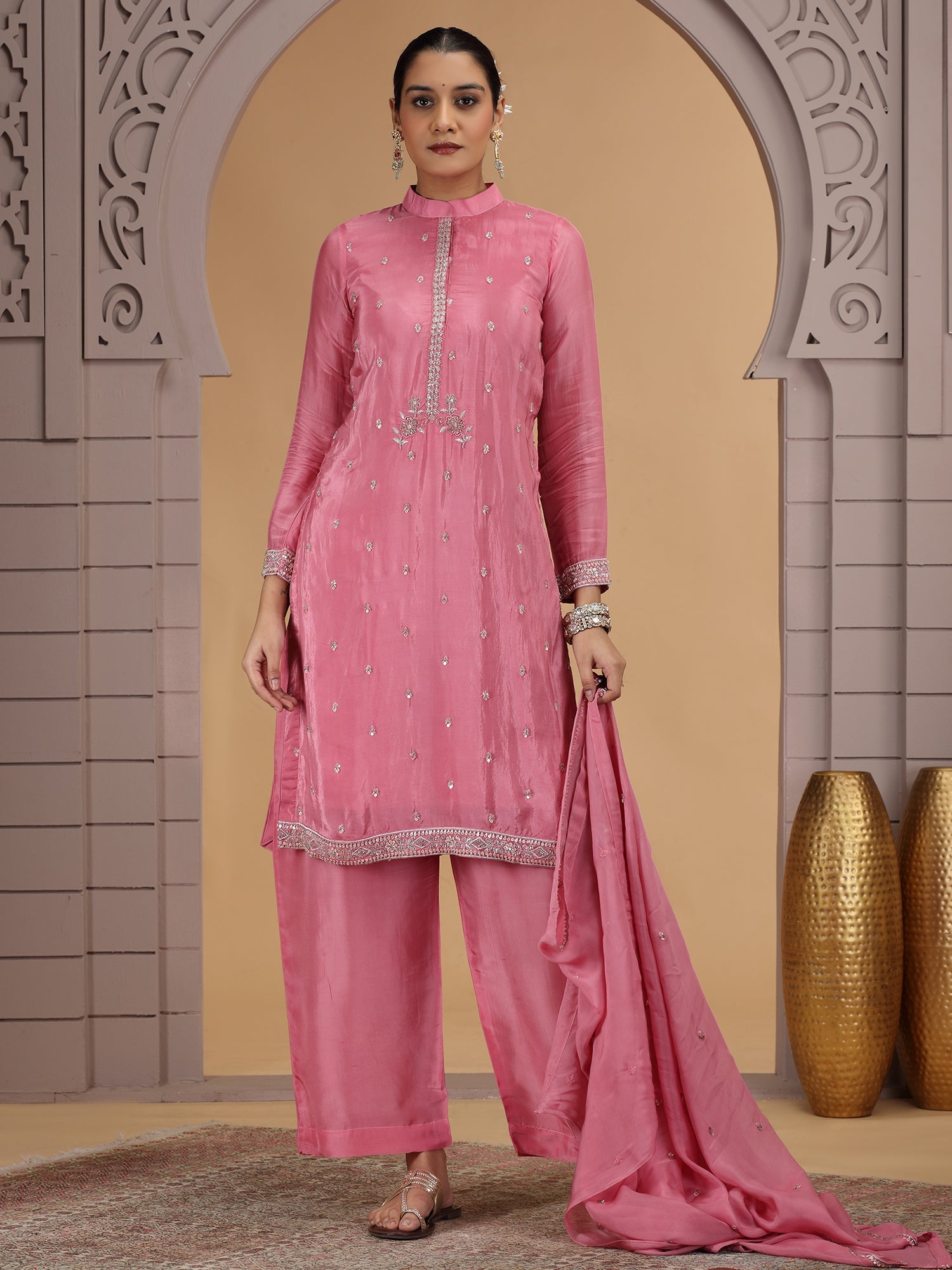 Pink Embroidered Silk Readymade Salwar Suit