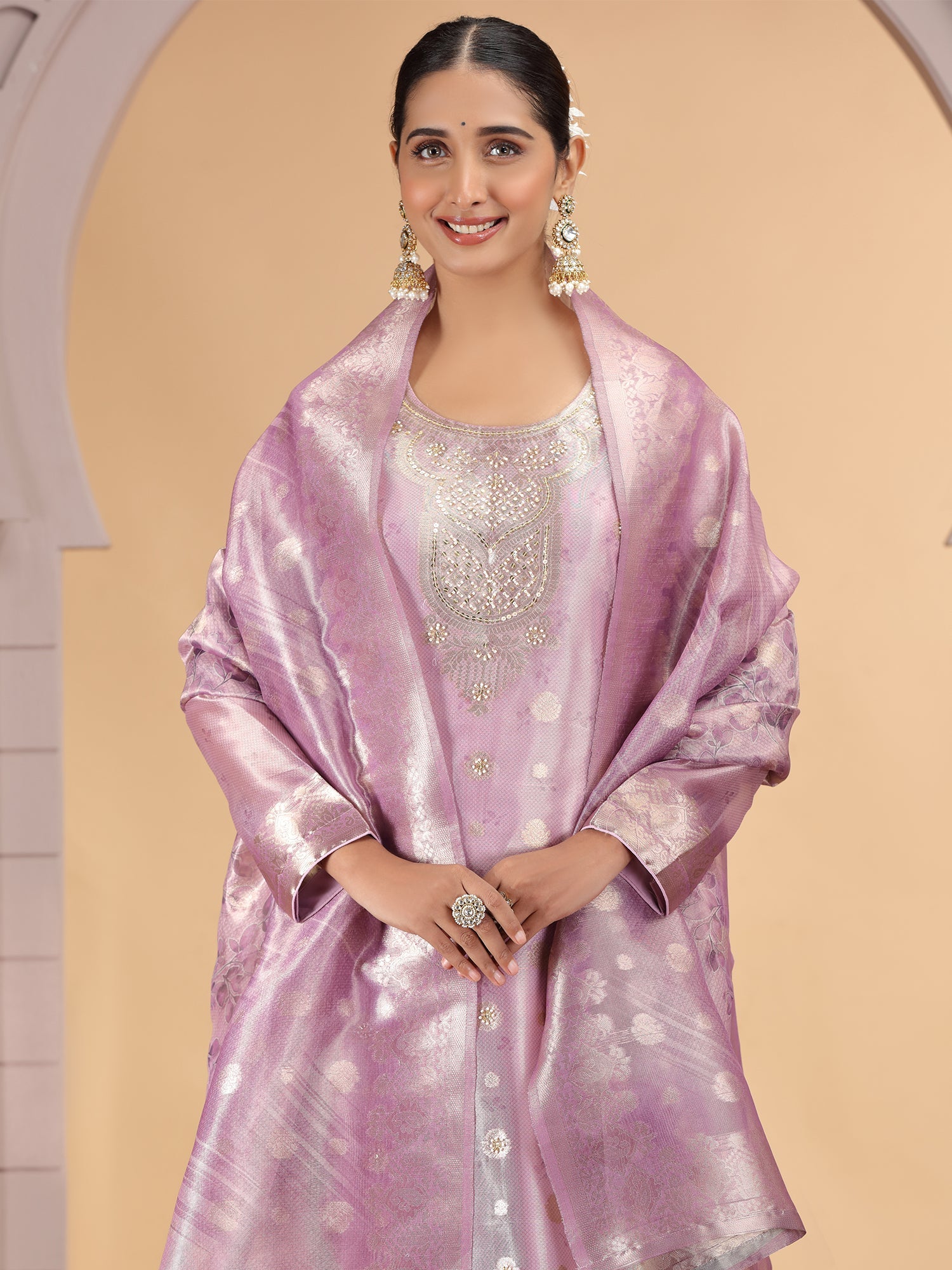 Onion Pink Woven Embroidered Readymade Salwar Suit