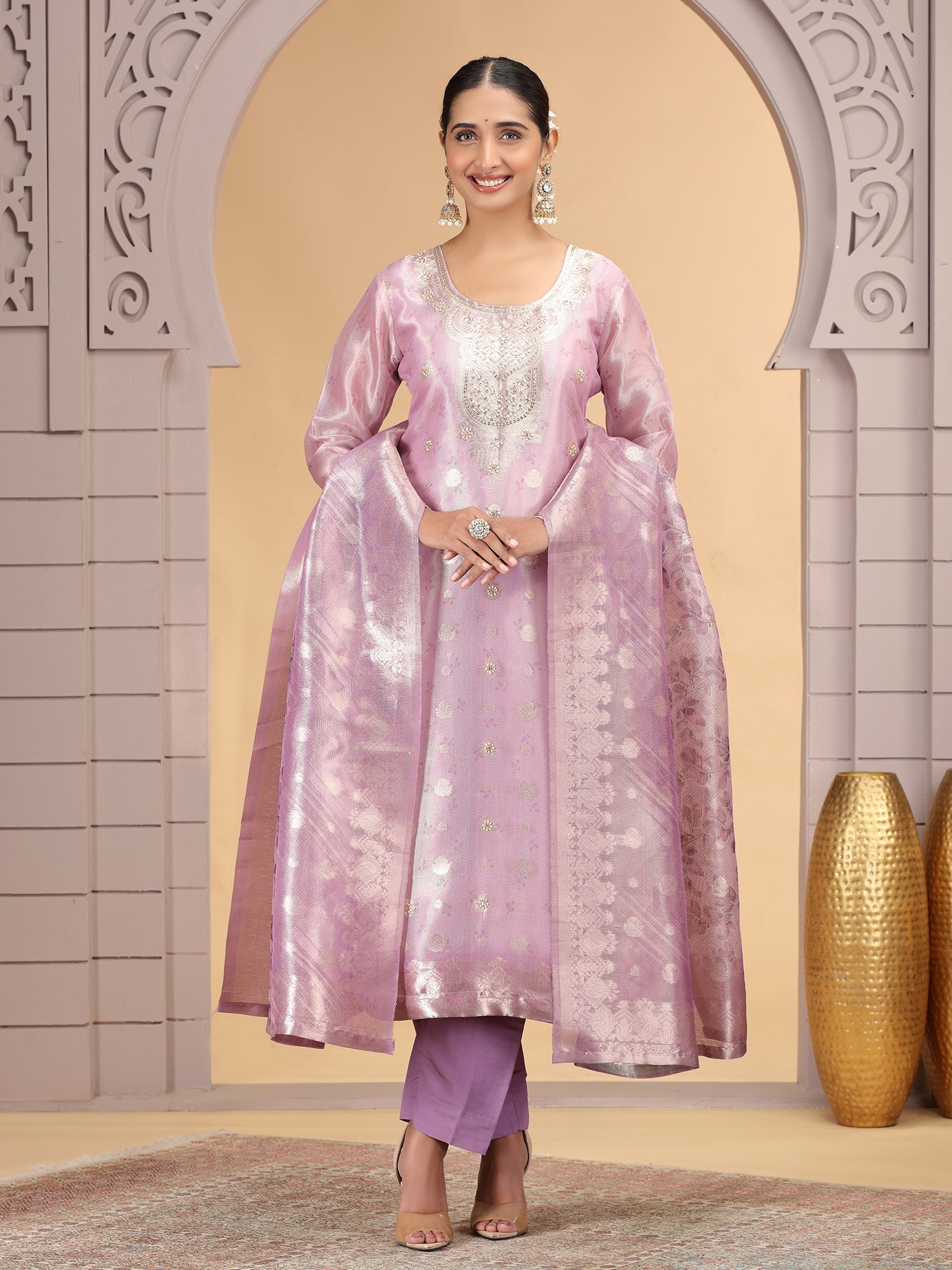 Onion Pink Woven Embroidered Readymade Salwar Suit
