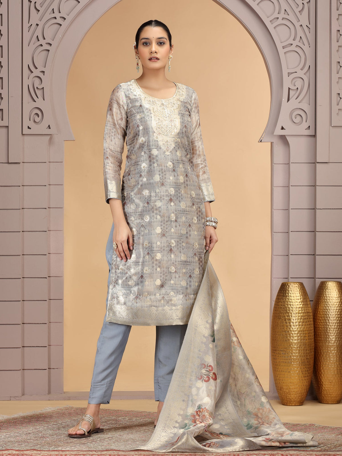 Beige Woven Embroidered Readymade Salwar Suit