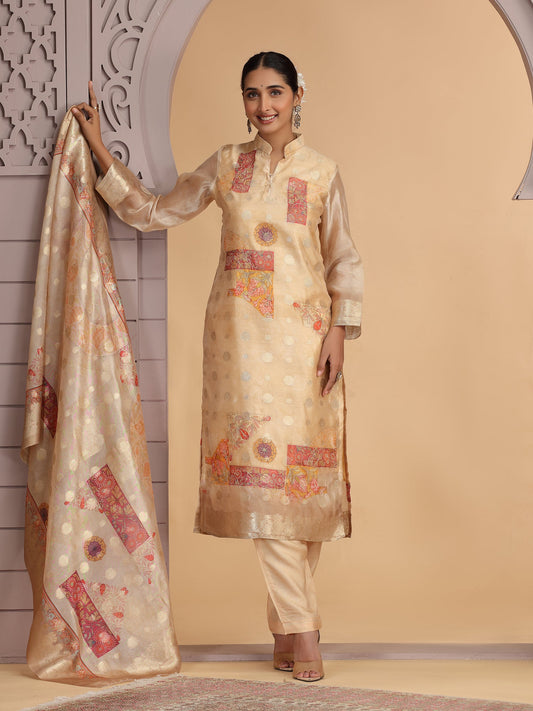 Fesive Beige Embroidered Readymade Salwar Kameez