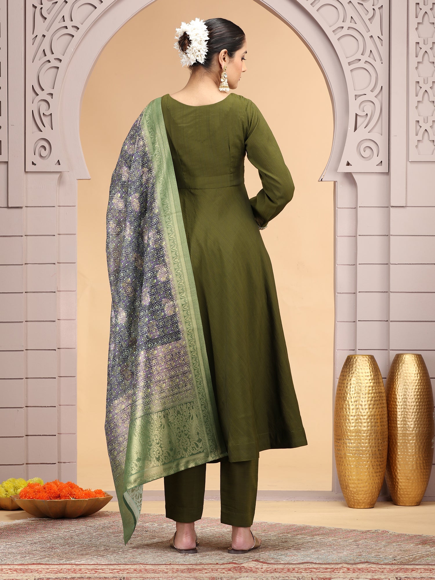 Readymade Mehndi Green Embroidered Salwar Suit