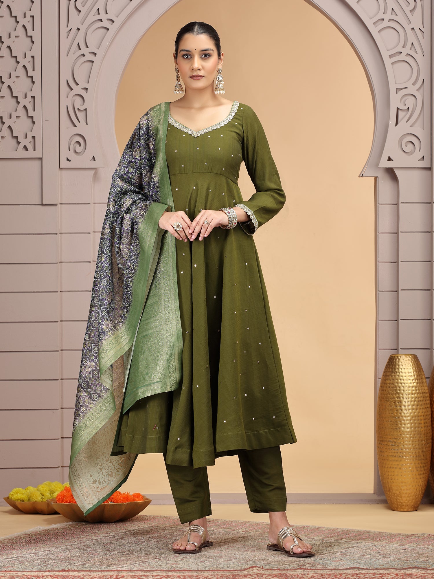 Readymade Mehndi Green Embroidered Salwar Suit