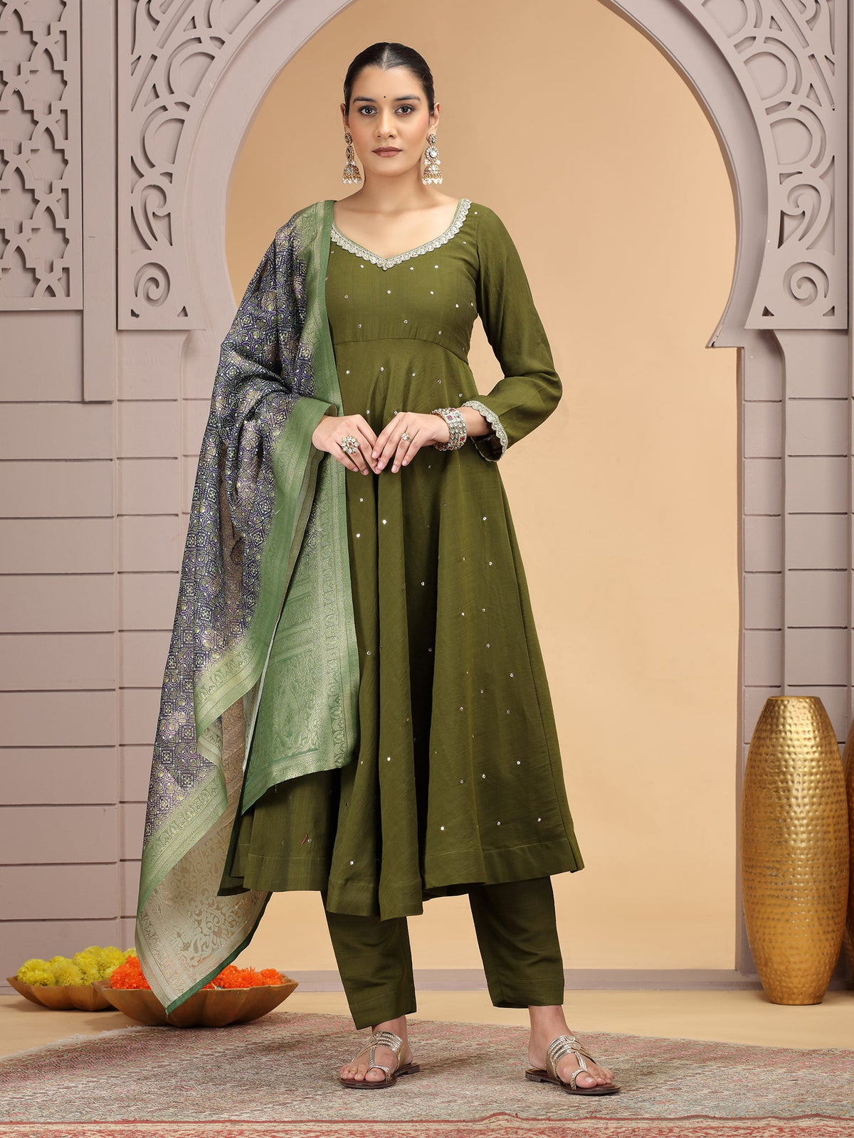 Readymade Mehndi Green Embroidered Salwar Suit