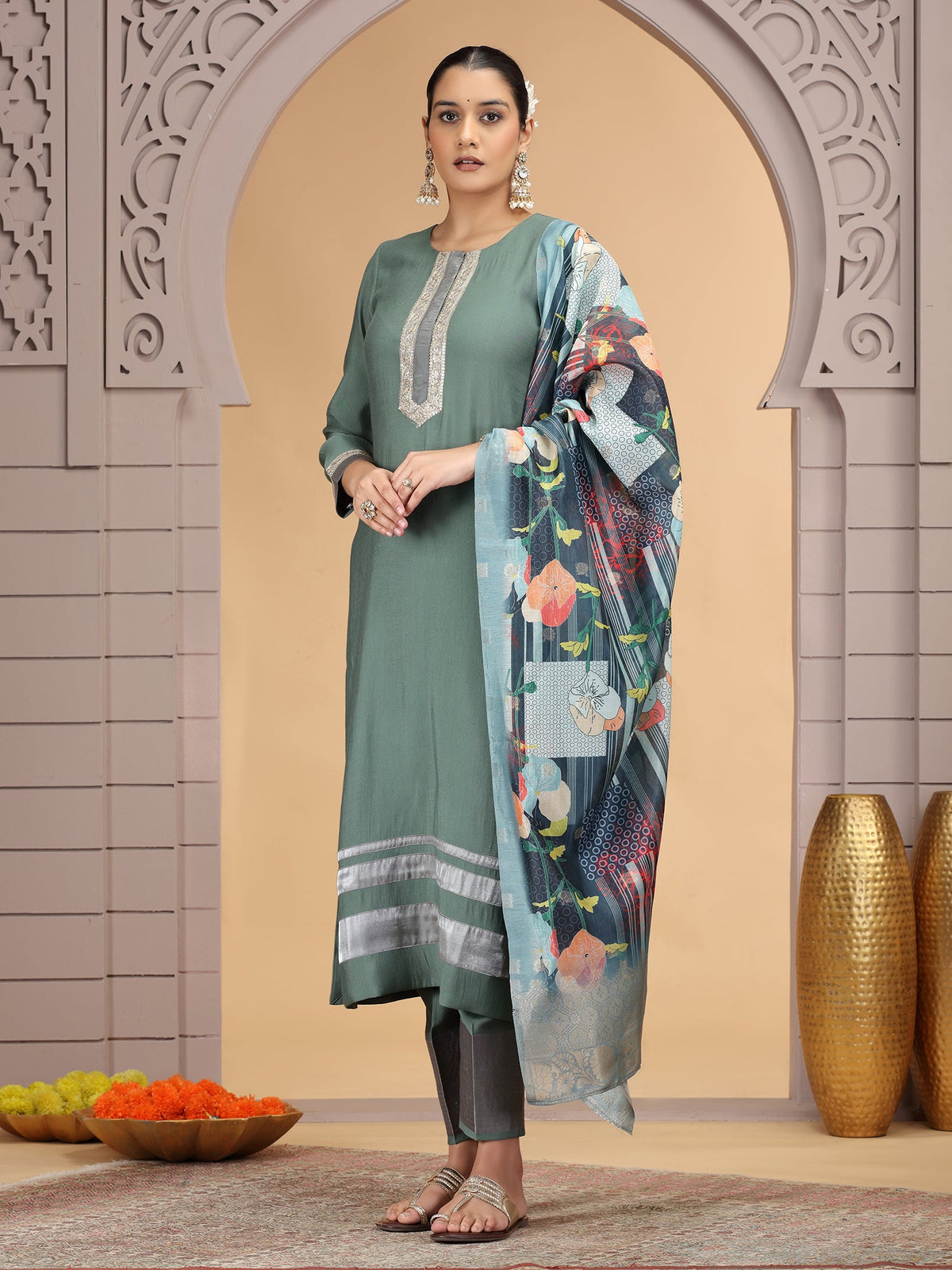 Pista Green Sequin Embroidered Salwar Suit