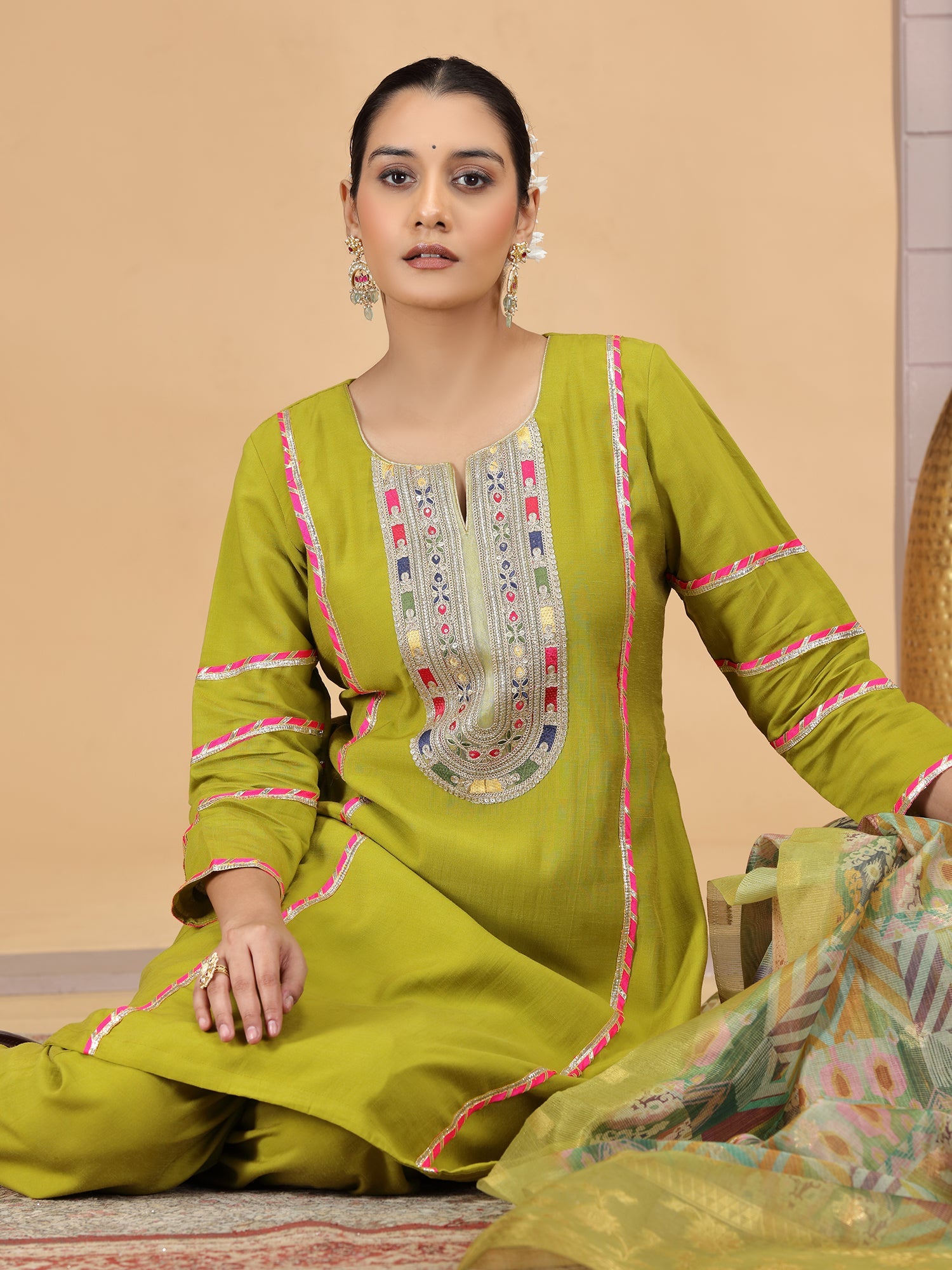 Readymade Lime Green Embroidered Salwar Suit