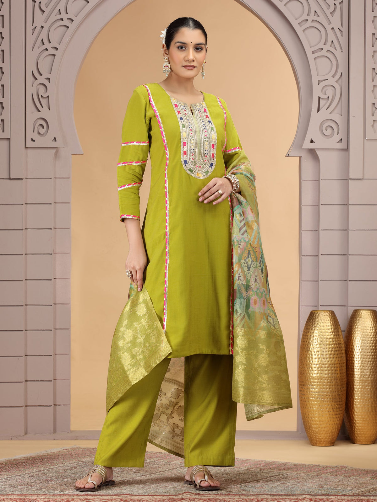 Readymade Lime Green Embroidered Salwar Suit