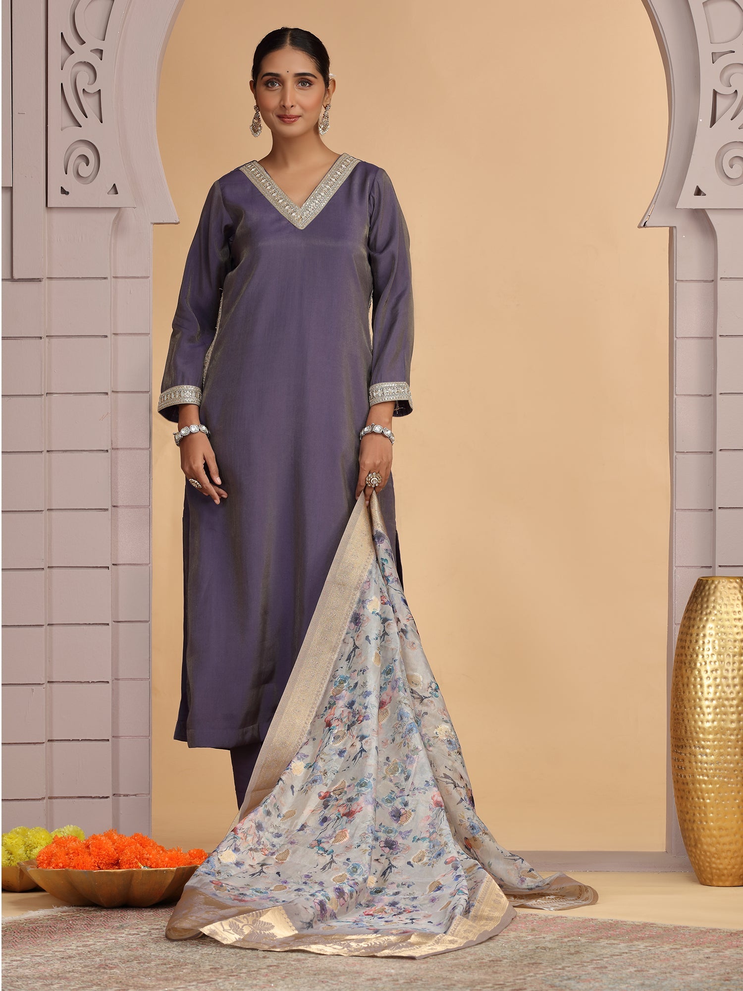 Readymade Purple Embroidered Salwar Kameez